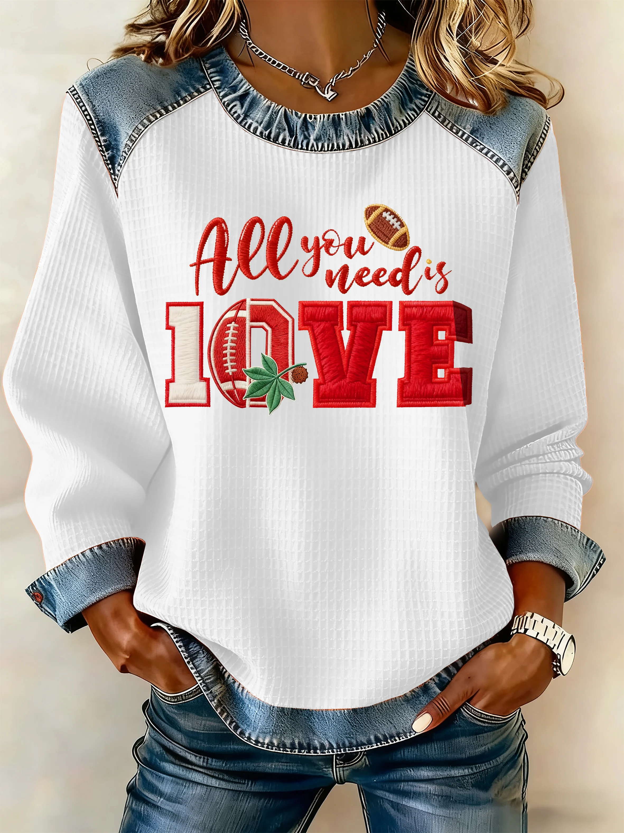 Women's Winter Rugby Round Neck Denim Print Topp