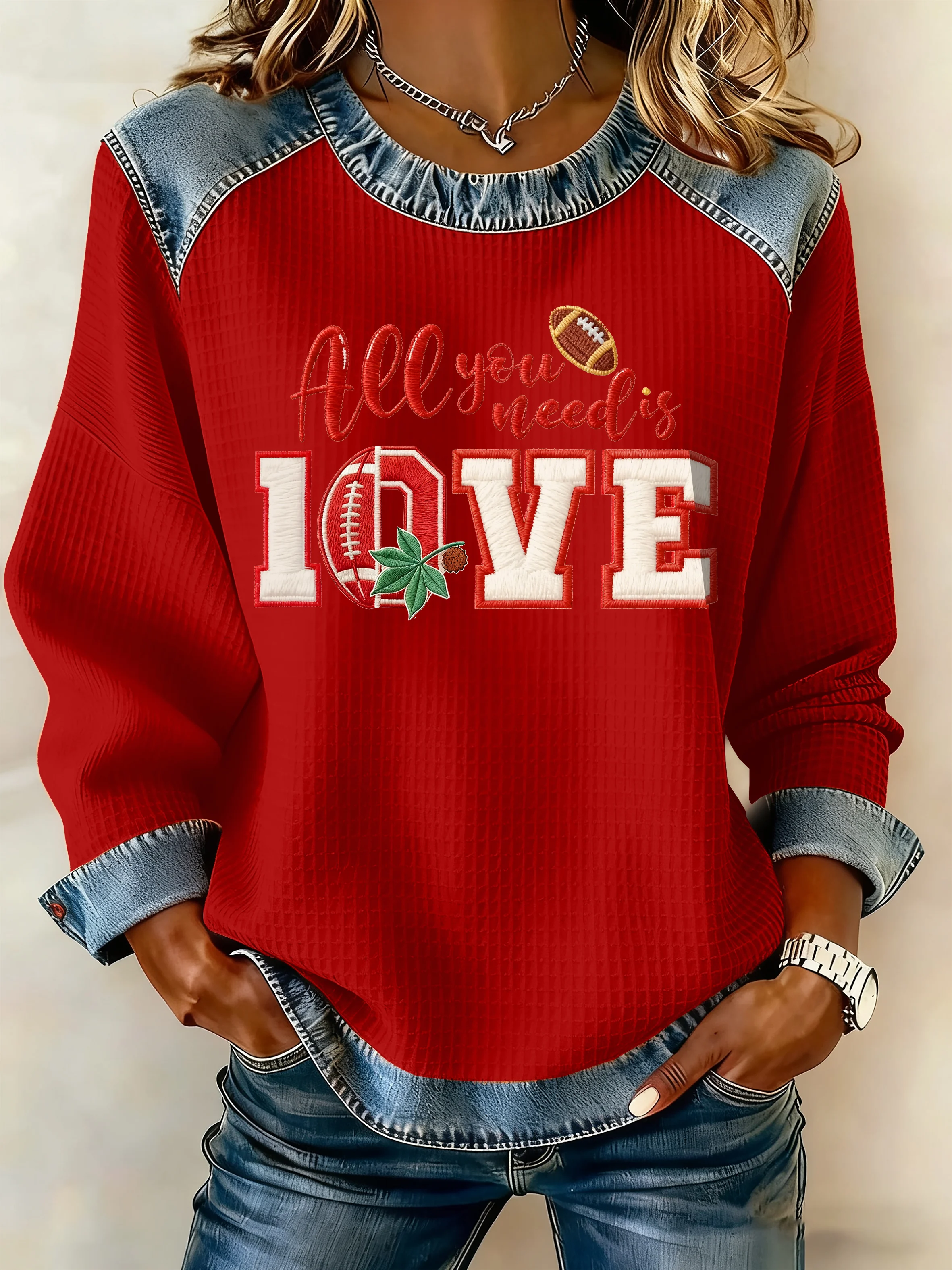 Women's Winter Rugby Round Neck Denim Print Topp