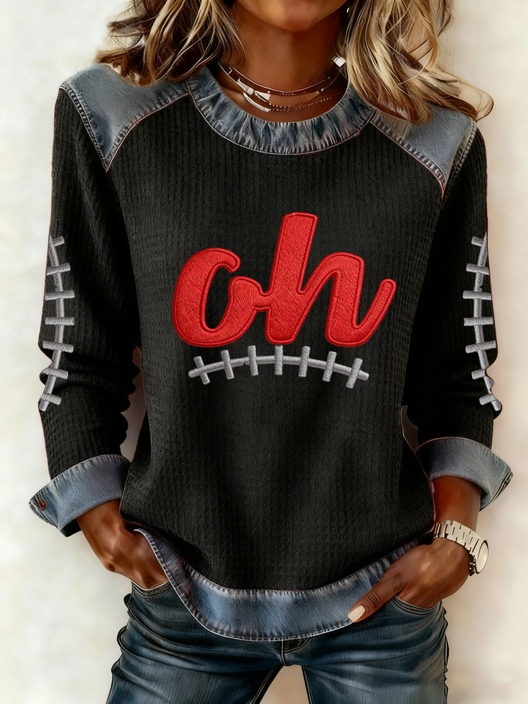 Women's Autumn/Winter Football Imitation Denim Print Top