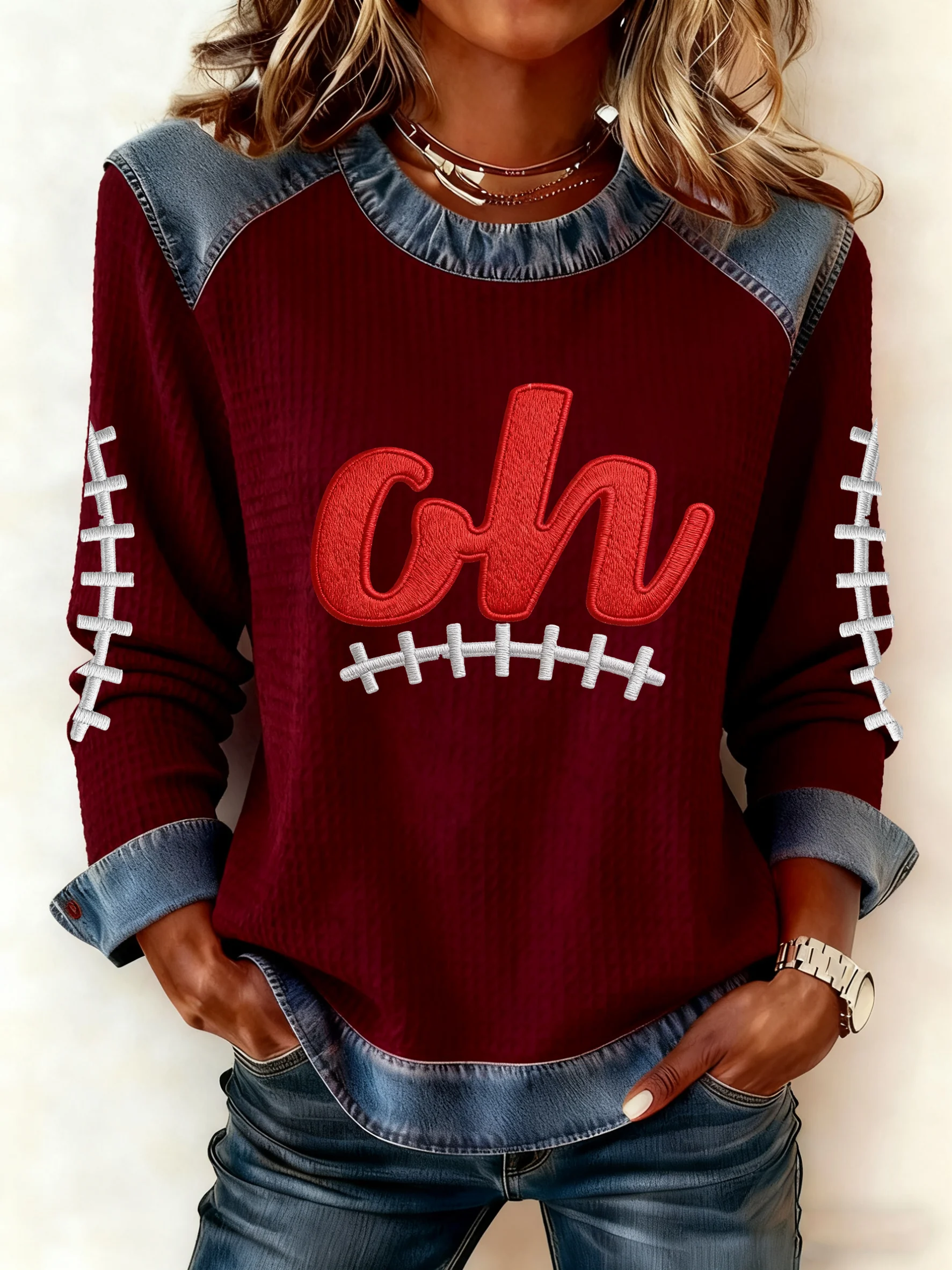 Women's Autumn/Winter Football Imitation Denim Print Top