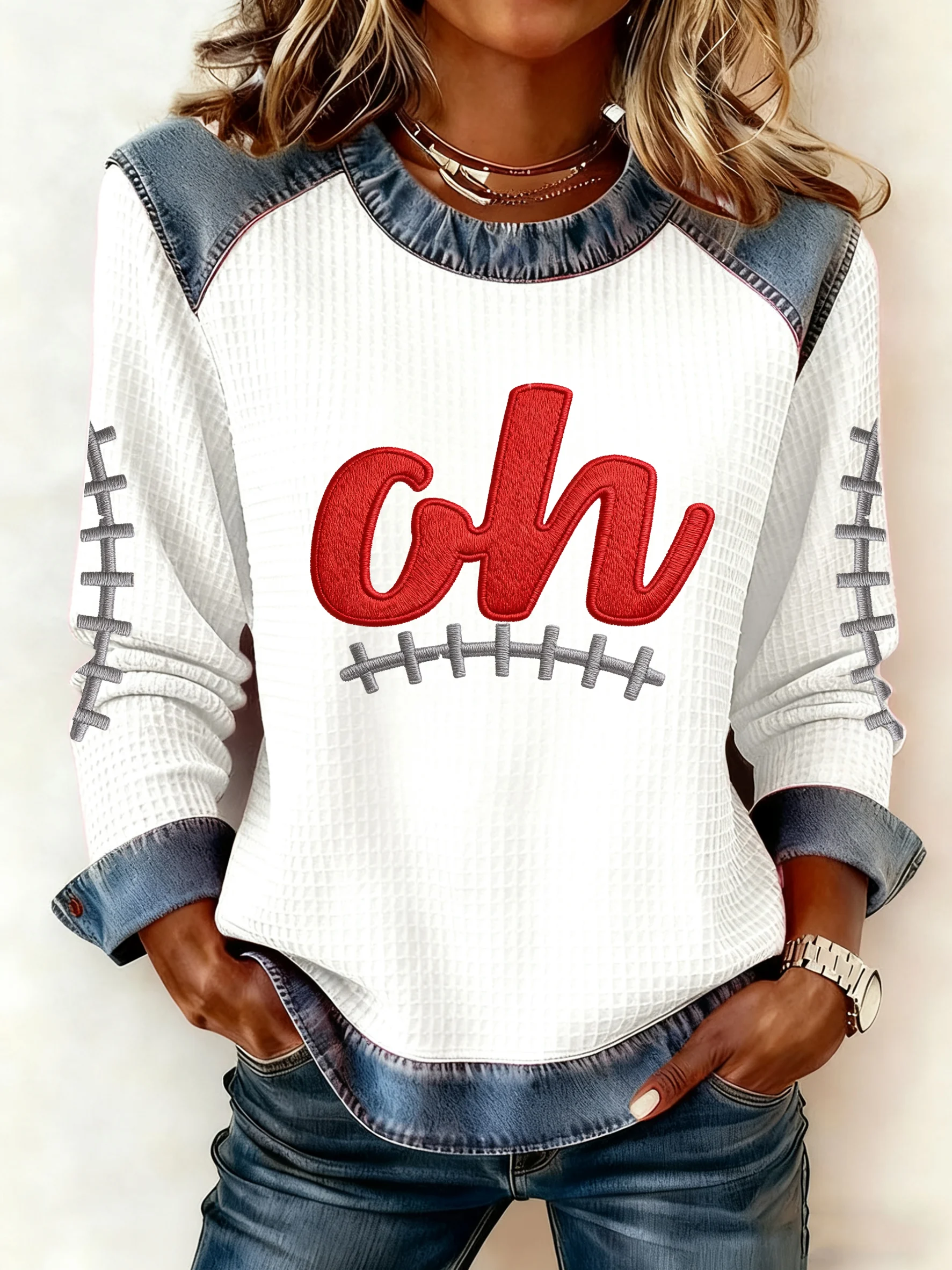 Women's Autumn/Winter Football Imitation Denim Print Top