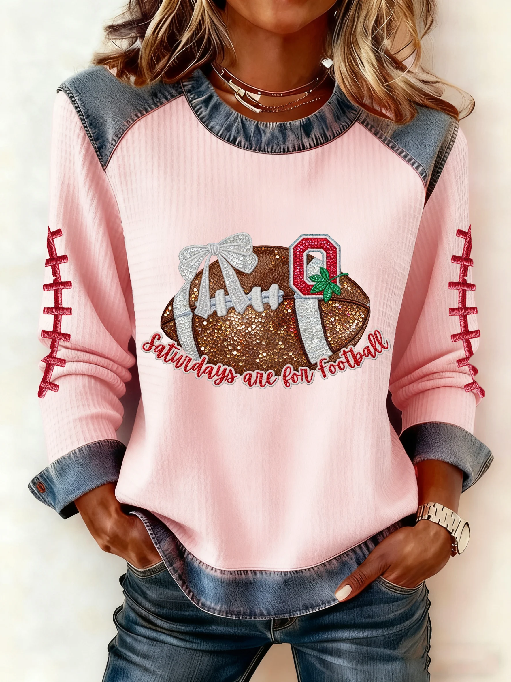 Women's Autumn/Winter Football Imitation Denim Print Top