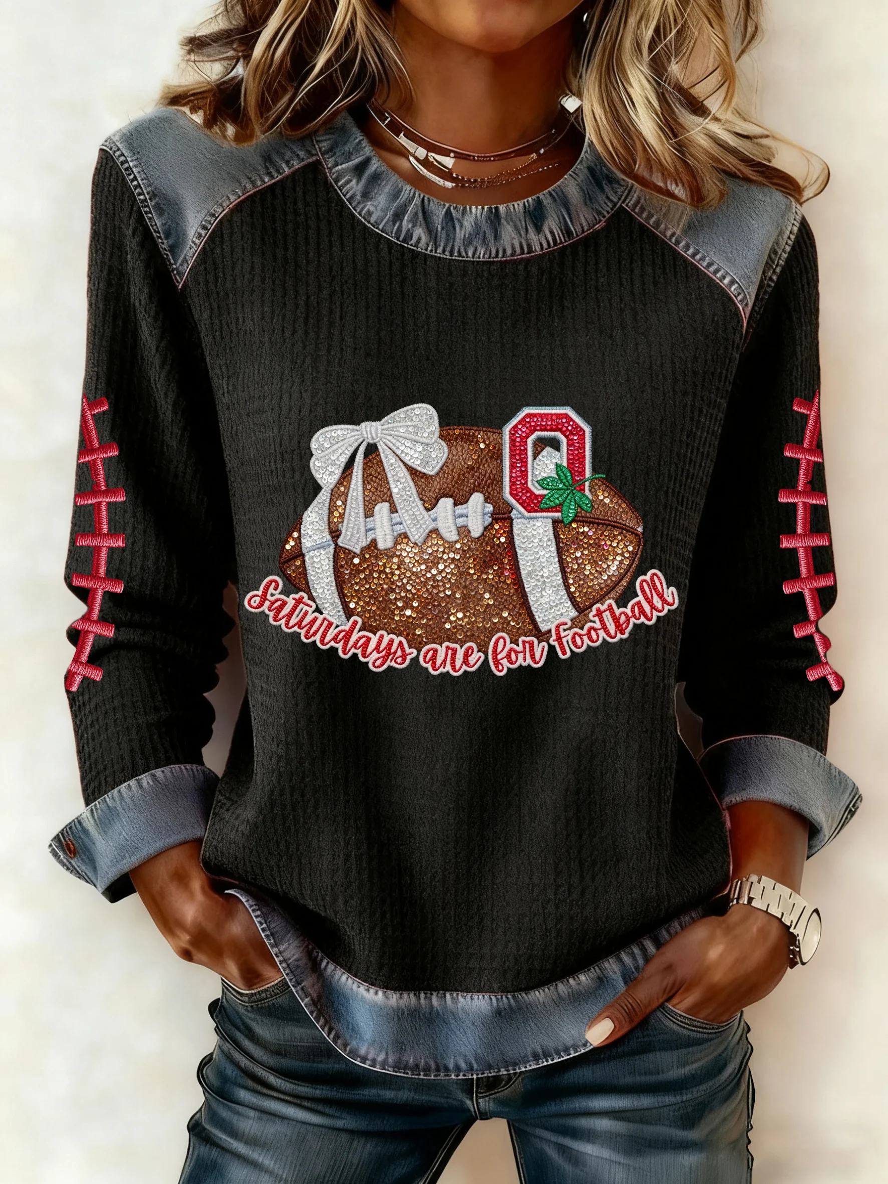 Women's Autumn/Winter Football Imitation Denim Print Top