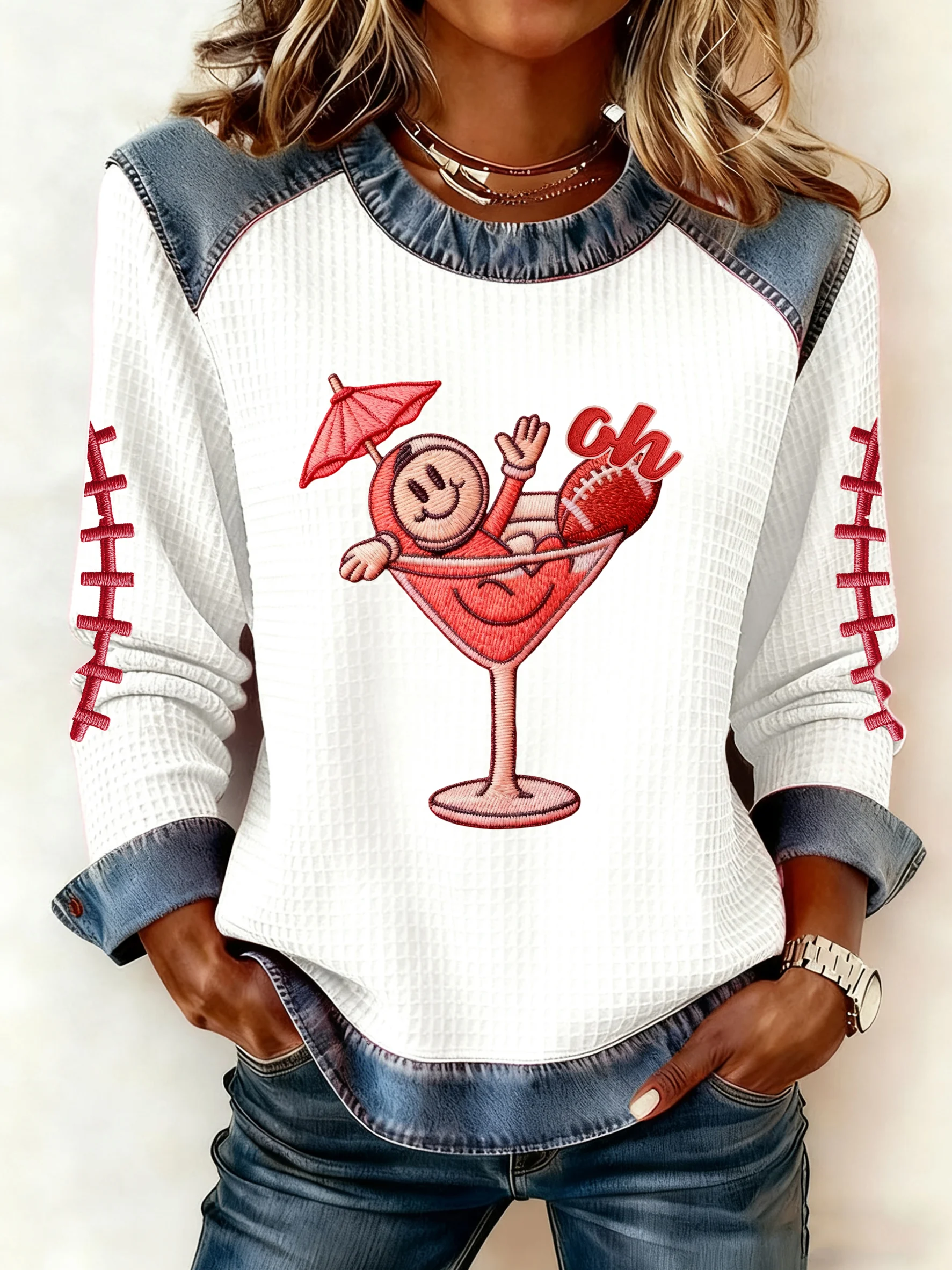 Women's Autumn/Winter Football Imitation Denim Print Top