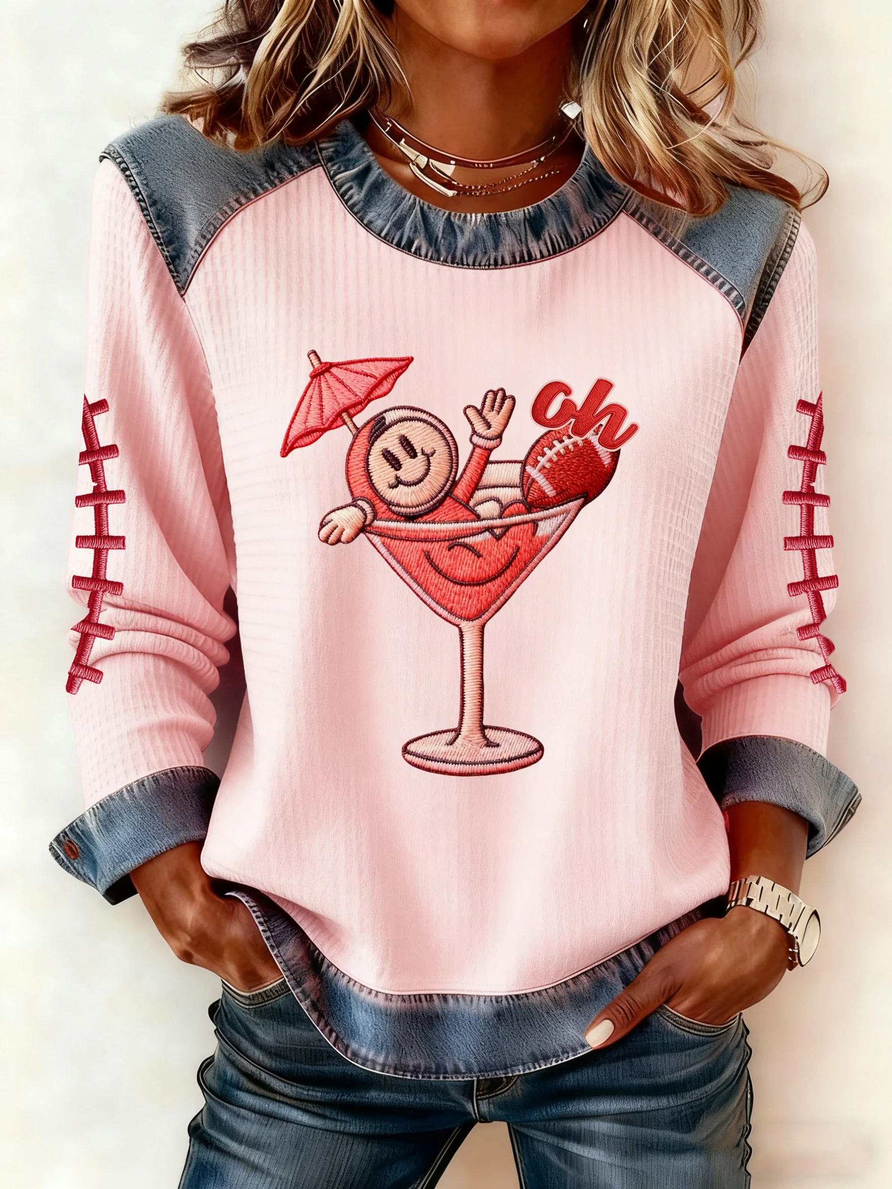 Women's Autumn/Winter Football Imitation Denim Print Top