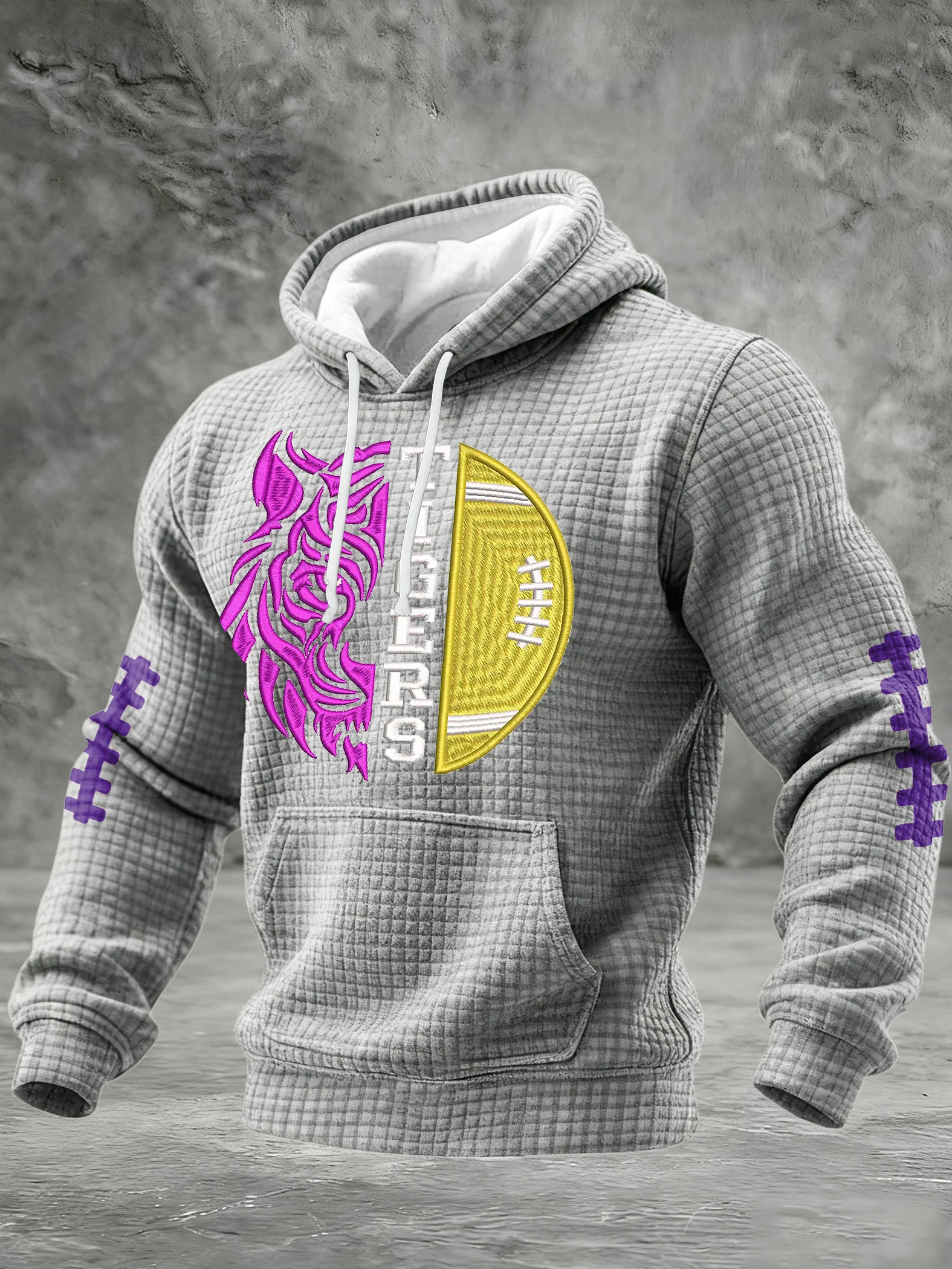 Men's Football Print Checkered Fabric Hooded Sweatshirt