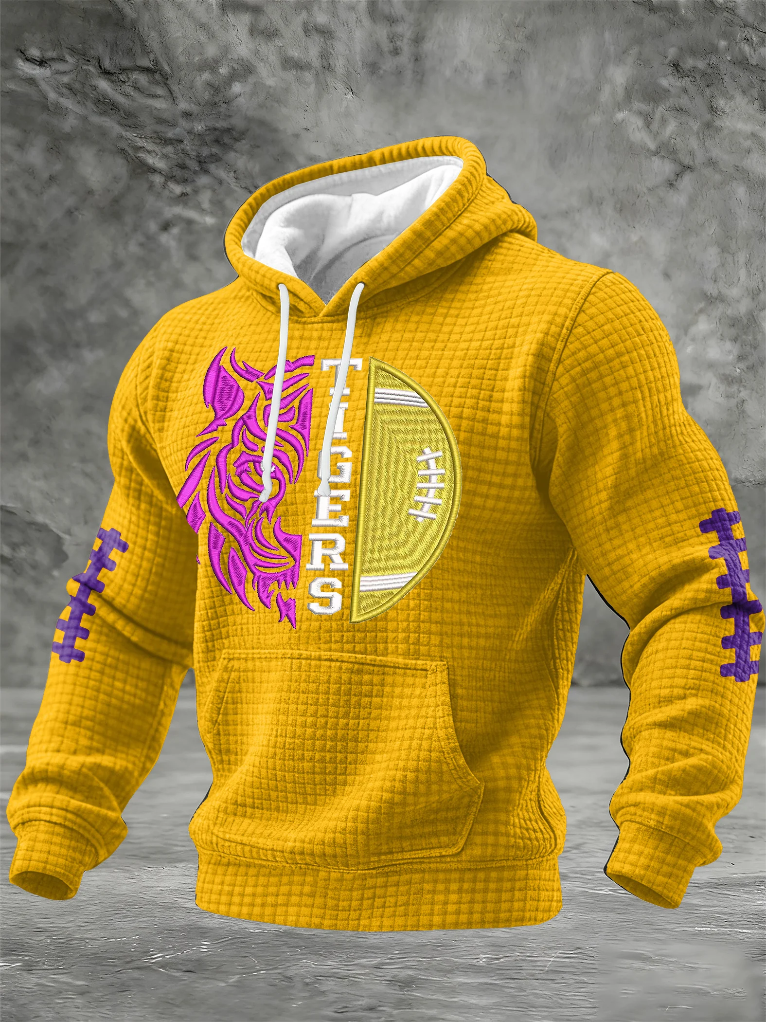 Men's Football Print Checkered Fabric Hooded Sweatshirt