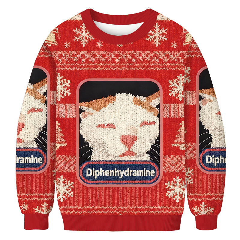Red Drowsy Cat Meme Christmas Ugly Sweatshirt