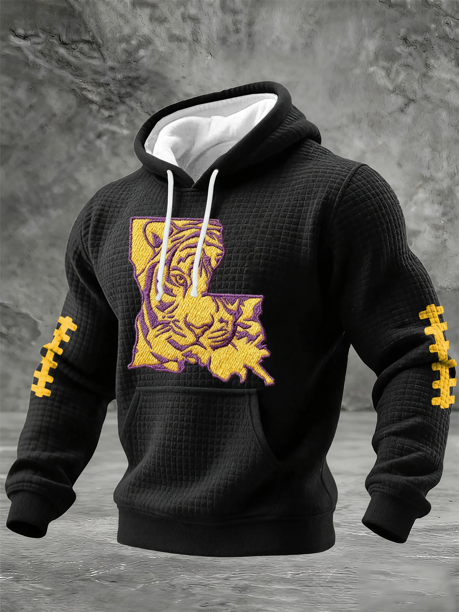 Men's Football Print Checkered Fabric Hooded Sweatshirt