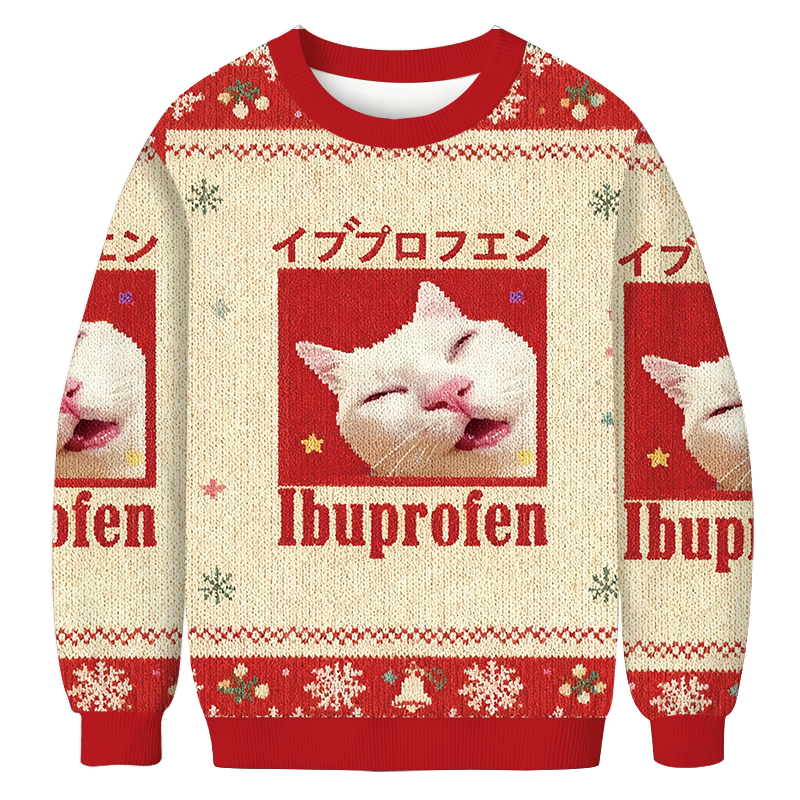 Red Ibuprofen Meme Cat Christmas Ugly Sweatshirt