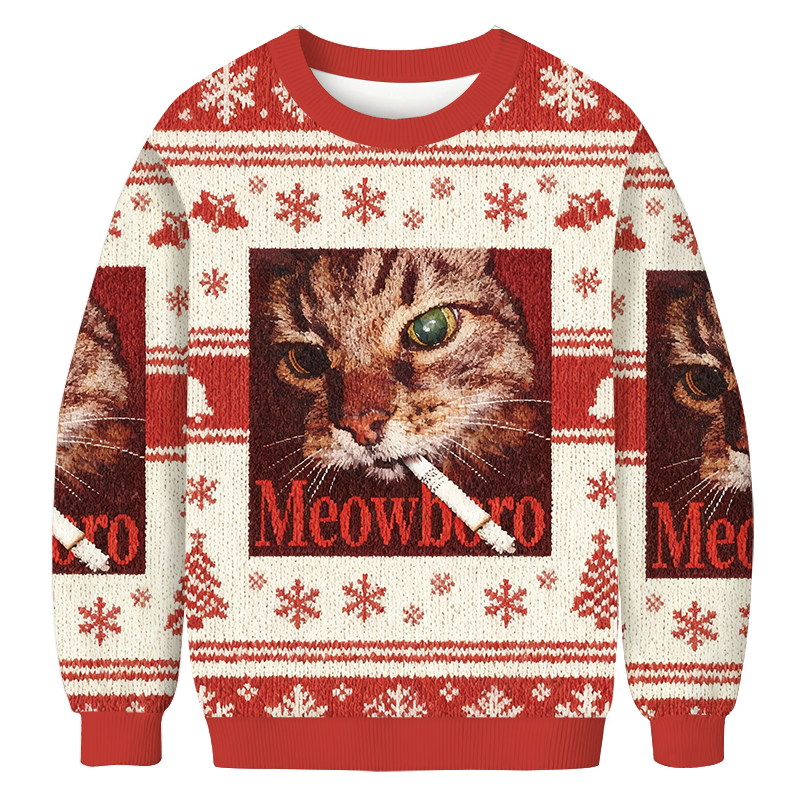 Red Meowlboro Smoking Cat Christmas Ugly Sweatshirt
