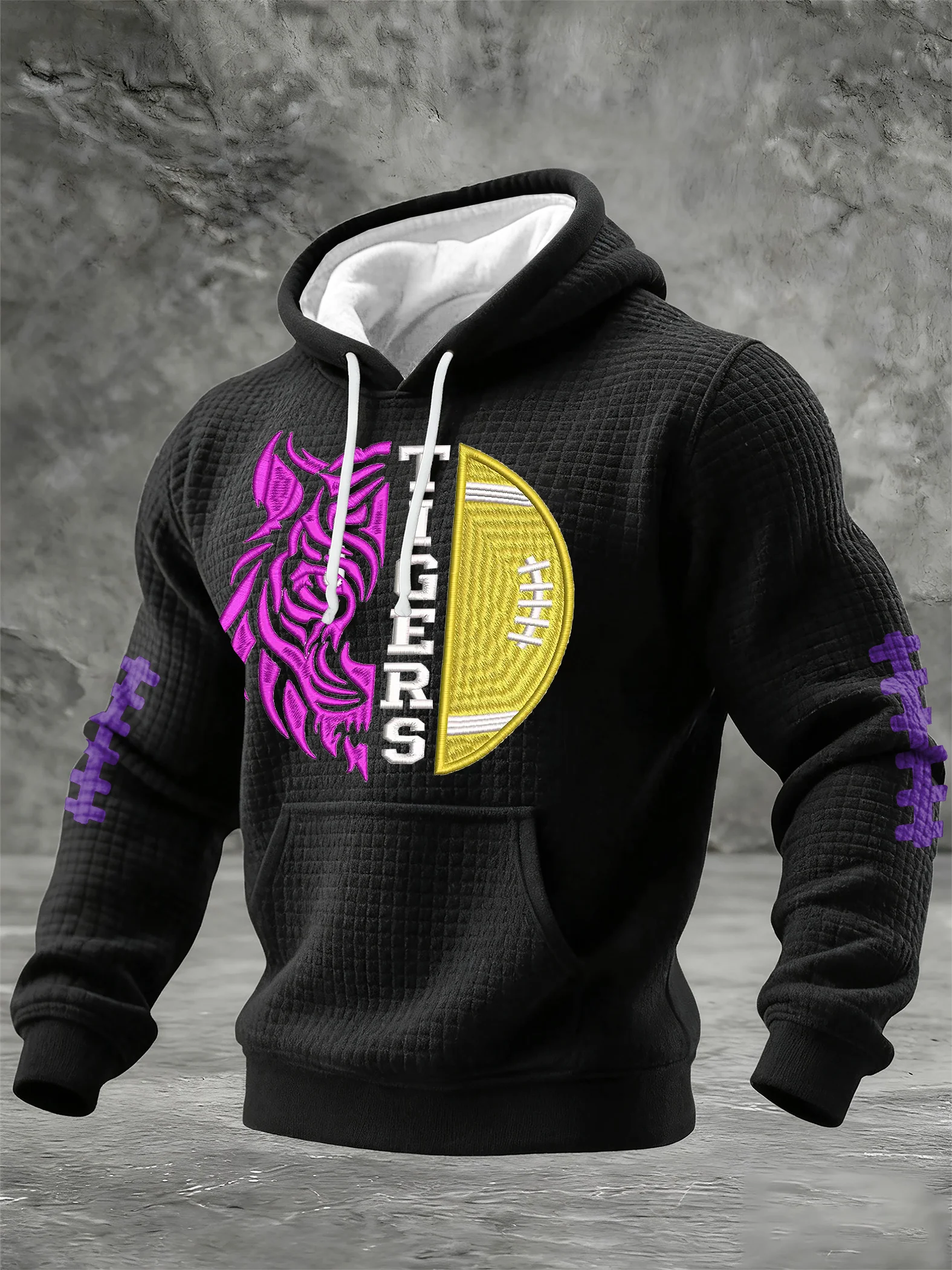 Men's Football Print Checkered Fabric Hooded Sweatshirt