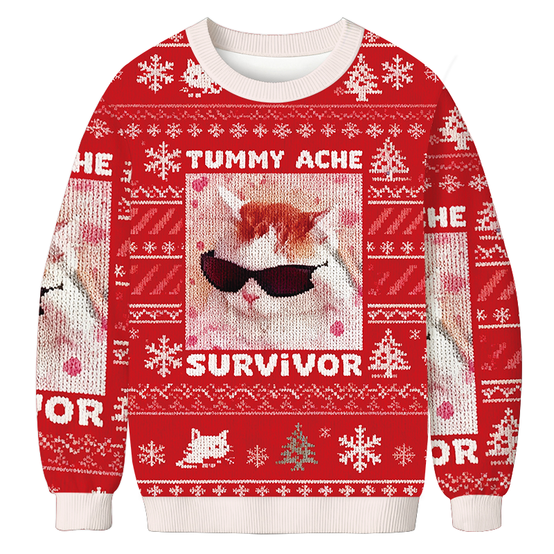 Tummy Ache Survivor Funny Cat Meme Christmas Ugly Sweatshirt