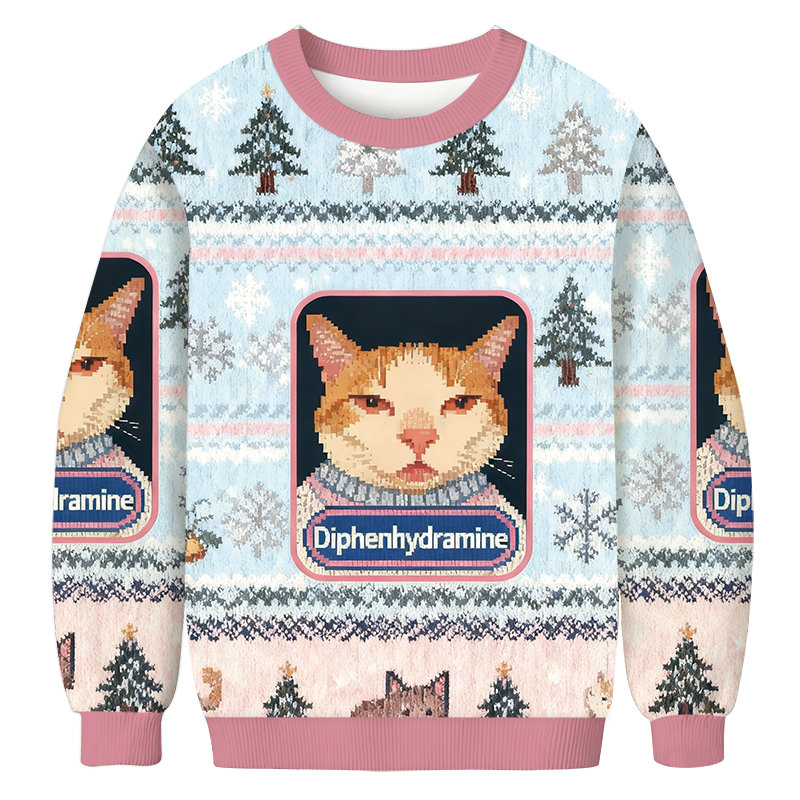 Pink Drowsy Meme Cat Christmas Ugly Sweatshirt