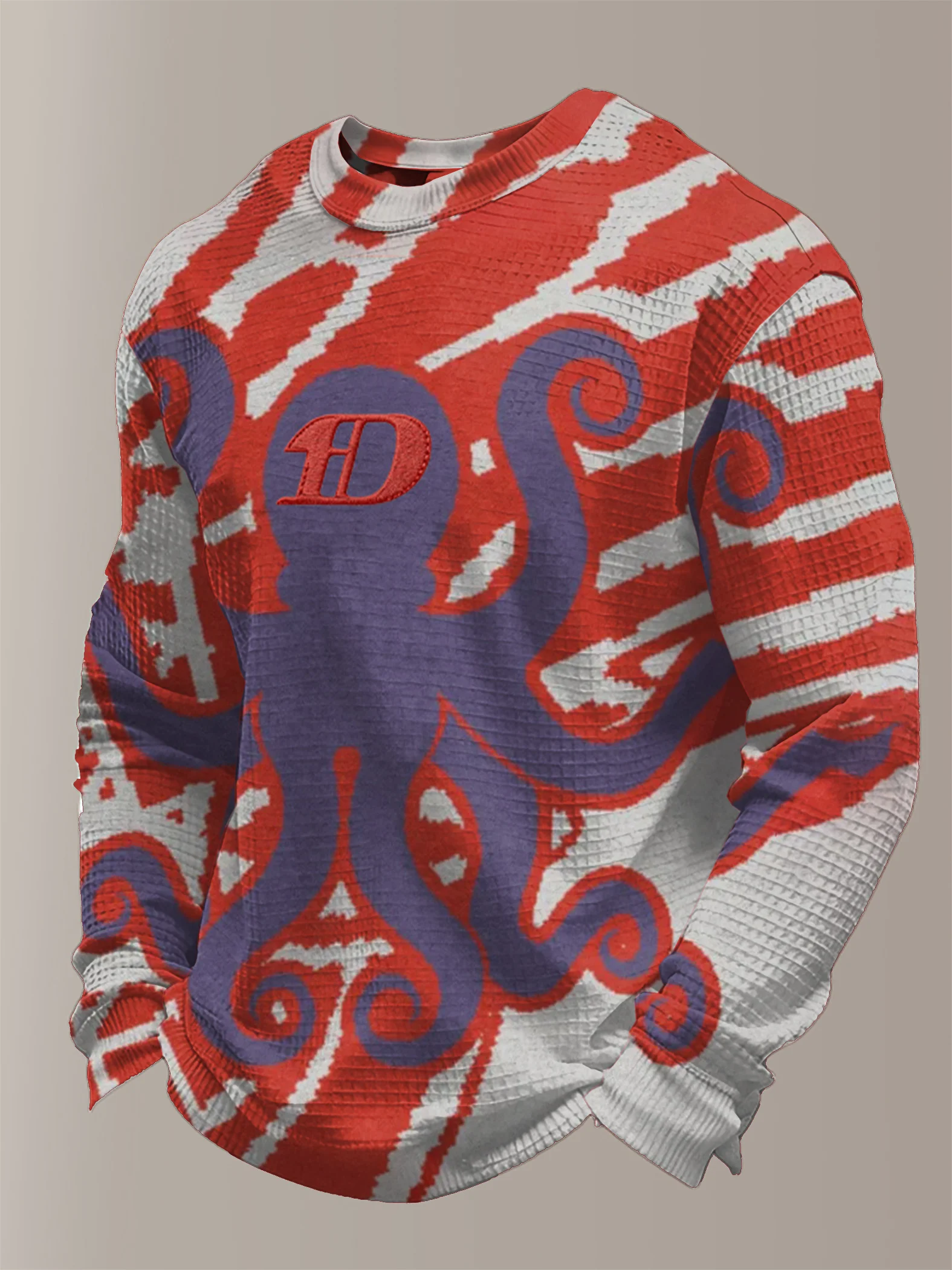 Men's hockey-print waffle-knit long-sleeved T-shirt