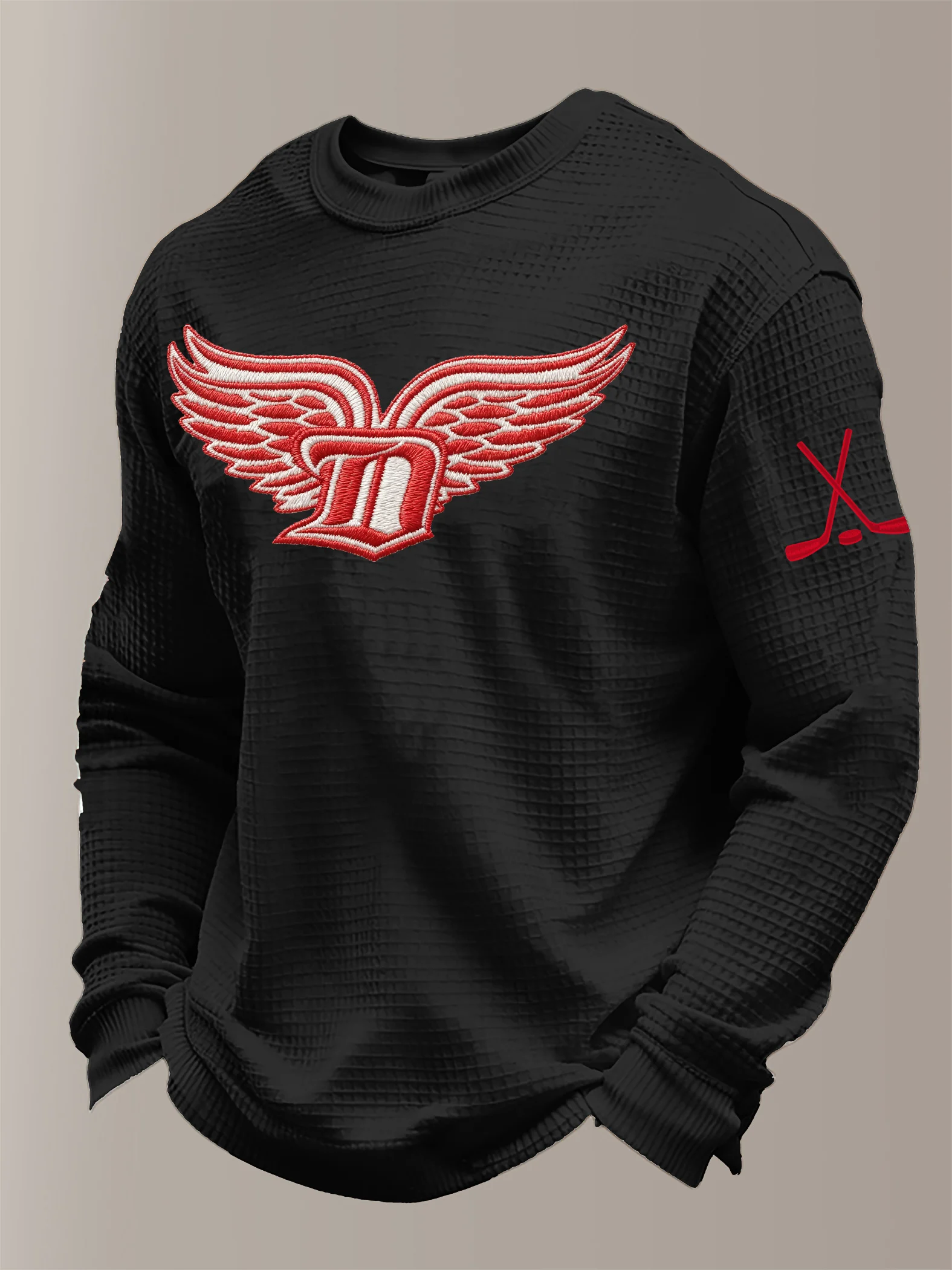 Men's hockey-print waffle-knit long-sleeved T-shirt