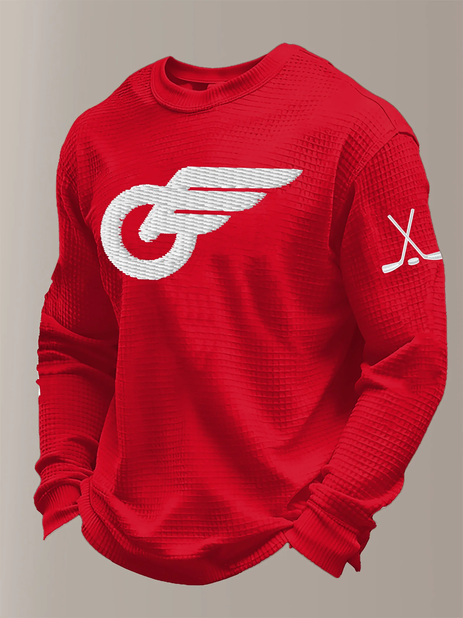 Men's hockey-print waffle-knit long-sleeved T-shirt