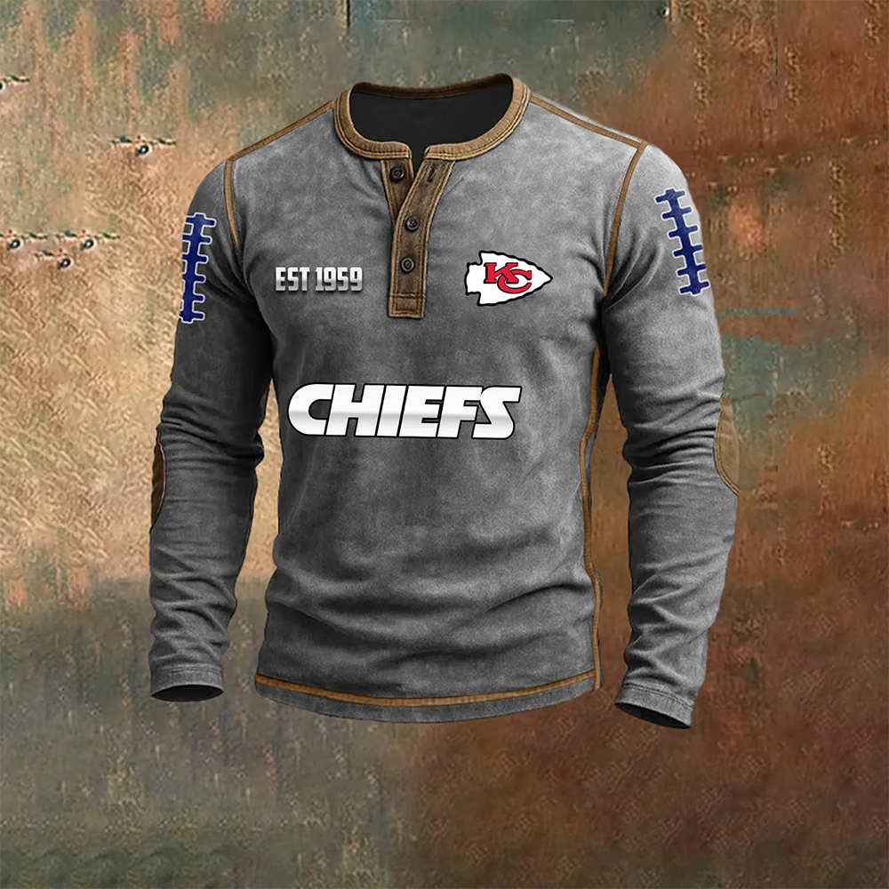 Men’S Kansas City Chiefs NFL Henley Long Sleeve Shirt – Classic Team Style Casual Top