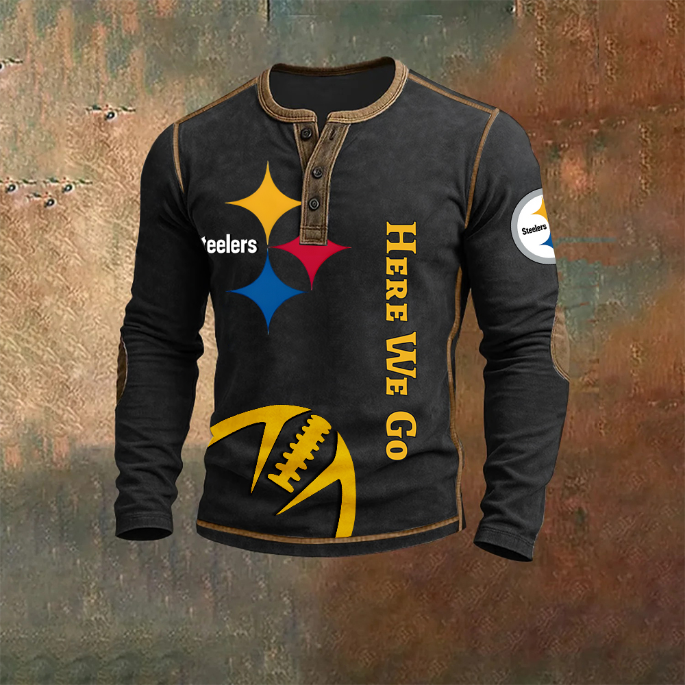 Men’s Pittsburgh Steelers NFL Henley Long Sleeve Shirt – Classic Team Style Casual Top