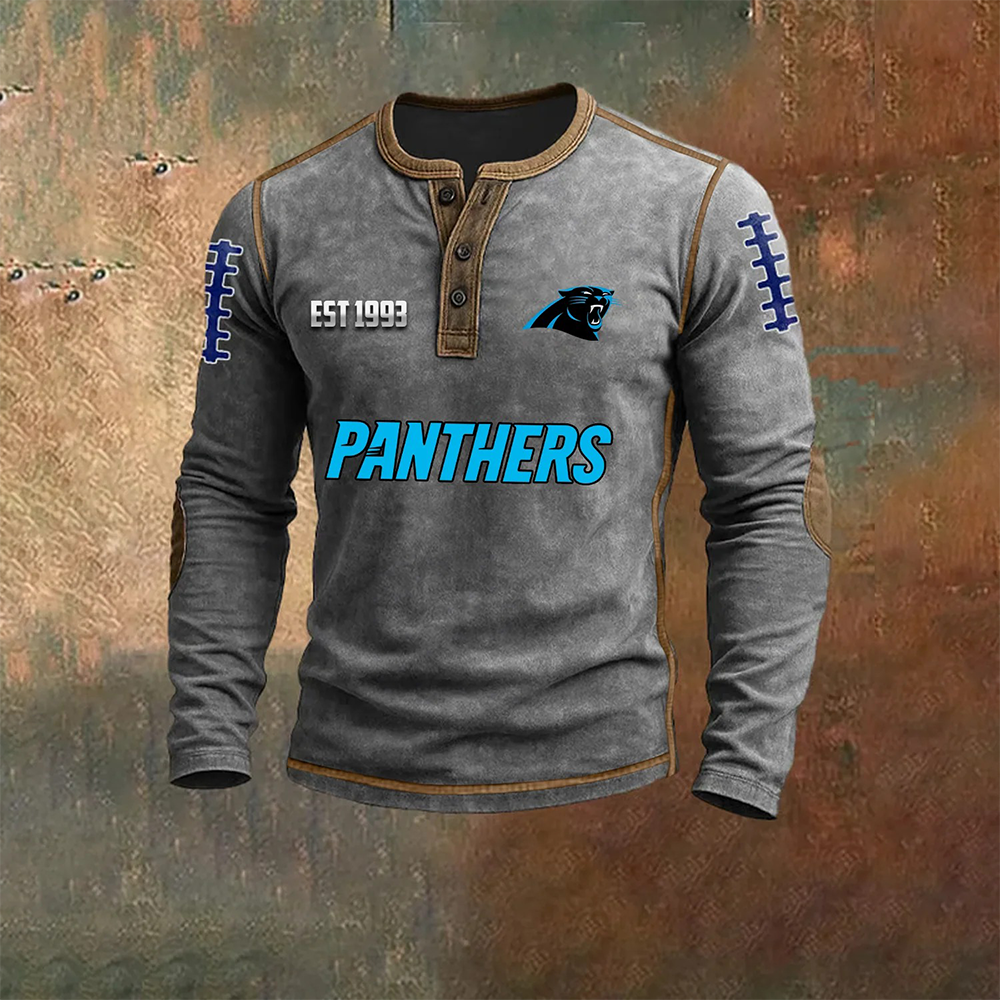 Men’s  Carolina Panthers NFL Henley Long Sleeve Shirt – Classic Team Style Casual Top