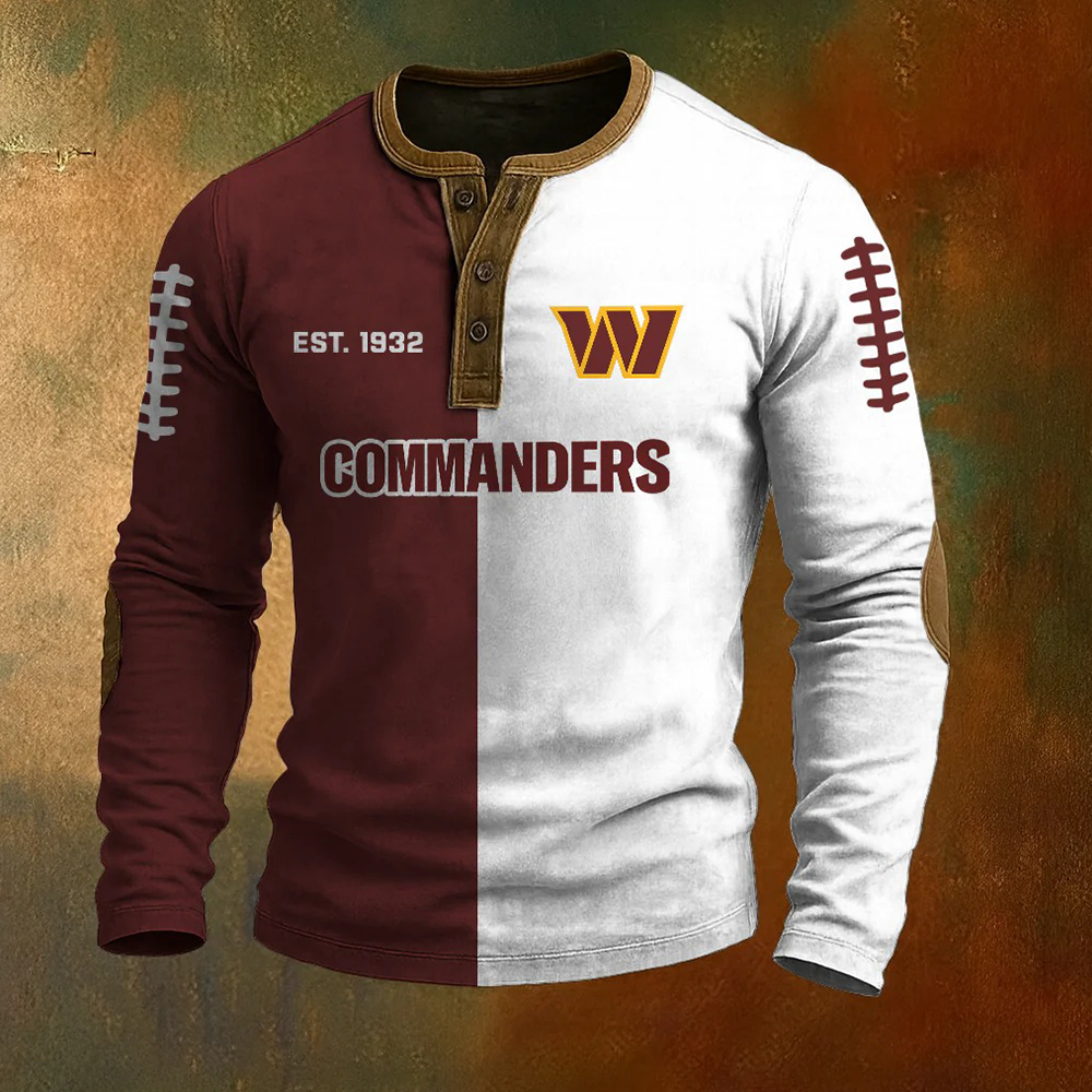 Men’s  Washington Commanders NFL Henley Long Sleeve Shirt – Classic Team Style Casual Top