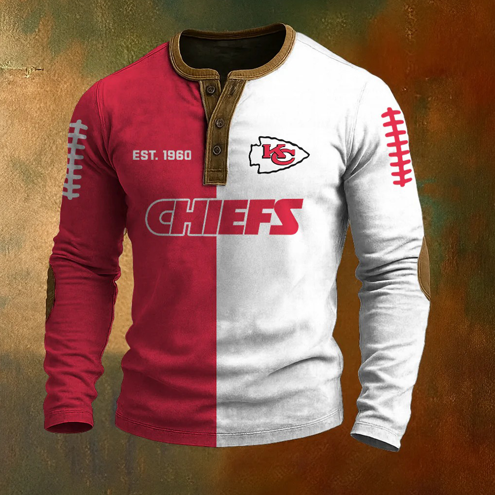 Men’s Kansas City Chiefs NFL Henley Long Sleeve Shirt – Classic Team Style Casual Top