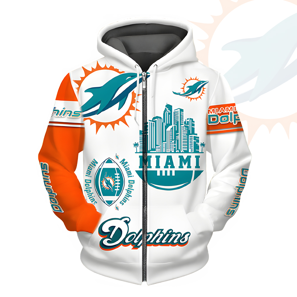 Unisex Miami Dolphins Printed Hoodie – Bold Zip Up Sweatshirt for Fans
