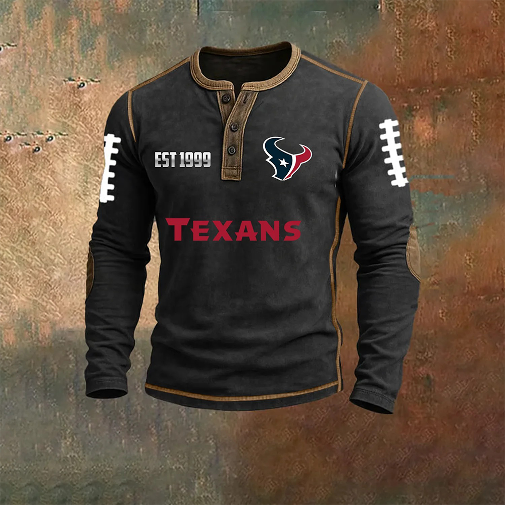 Men’s Houston Texans NFL Henley Long Sleeve Shirt – Classic Team Style Casual Top