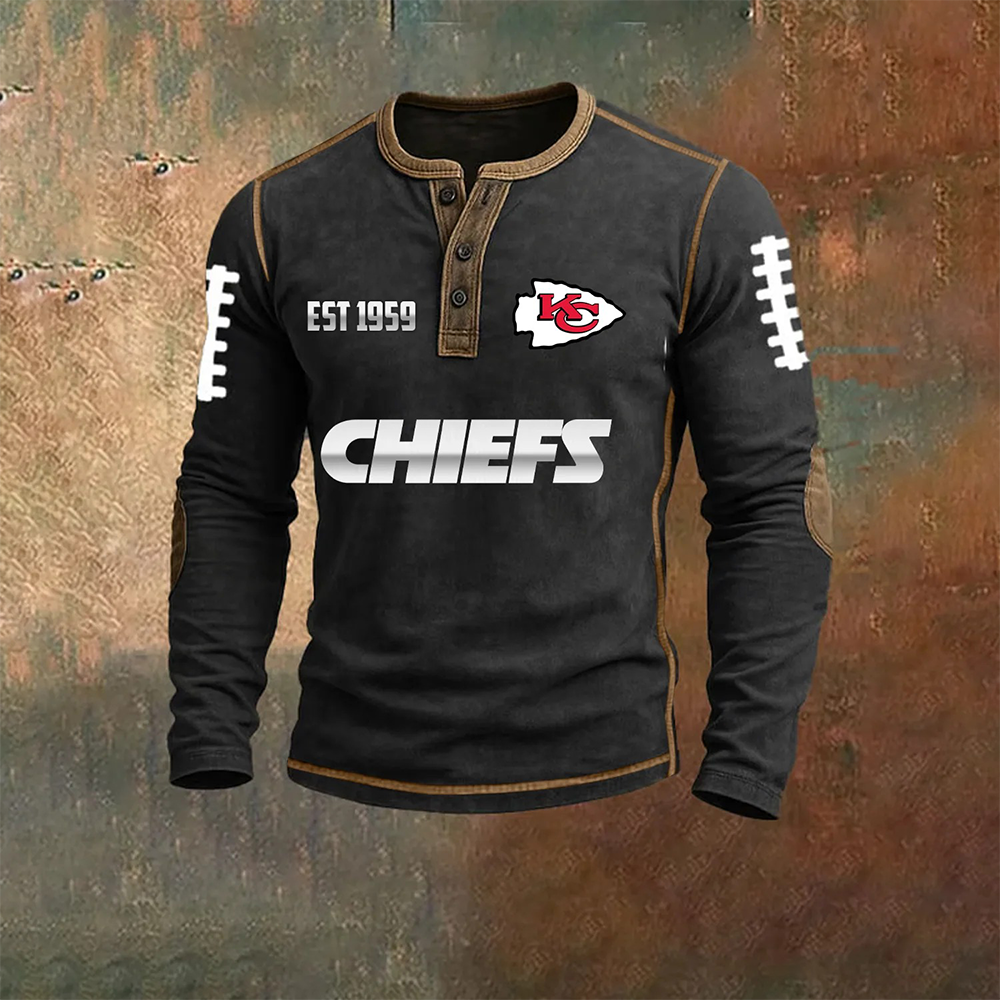 Men’S Kansas City Chiefs NFL Henley Long Sleeve Shirt – Classic Team Style Casual Top