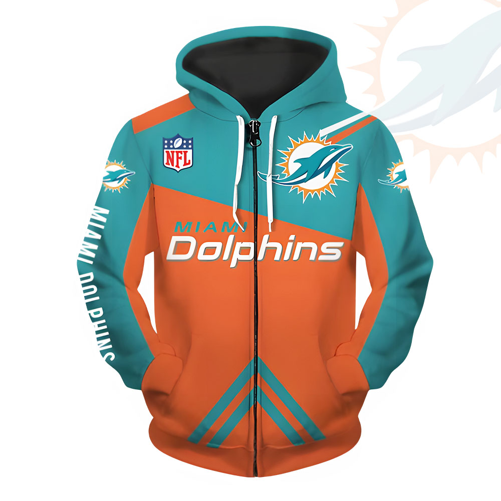 Unisex Miami Dolphins Printed Hoodie – Bold Zip Up Sweatshirt for Fans