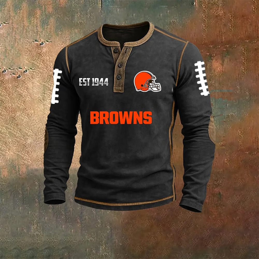 Men’s  Cleveland Browns NFL Henley Long Sleeve Shirt – Classic Team Style Casual Top