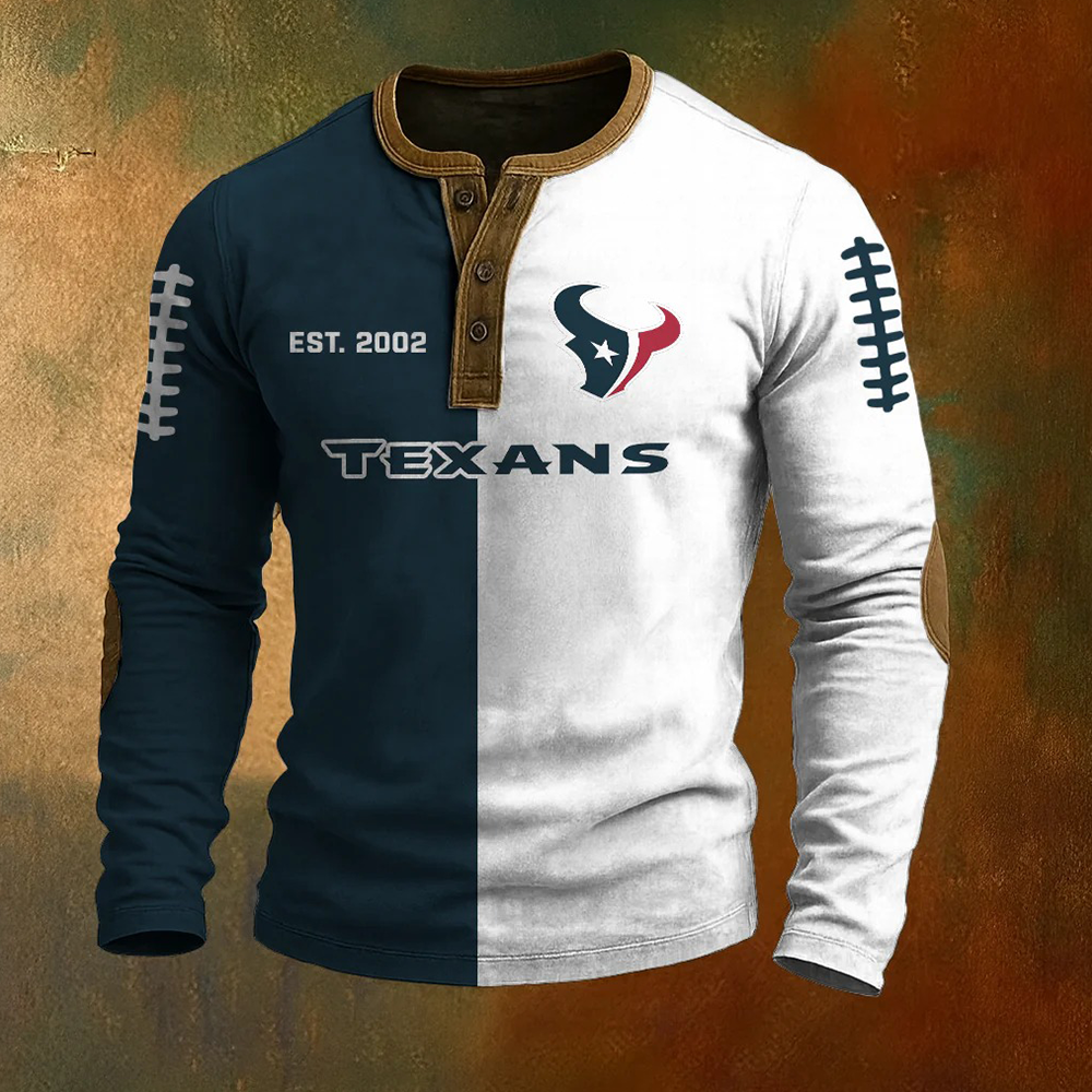 Men’s Houston Texans NFL Henley Long Sleeve Shirt – Classic Team Style Casual Top
