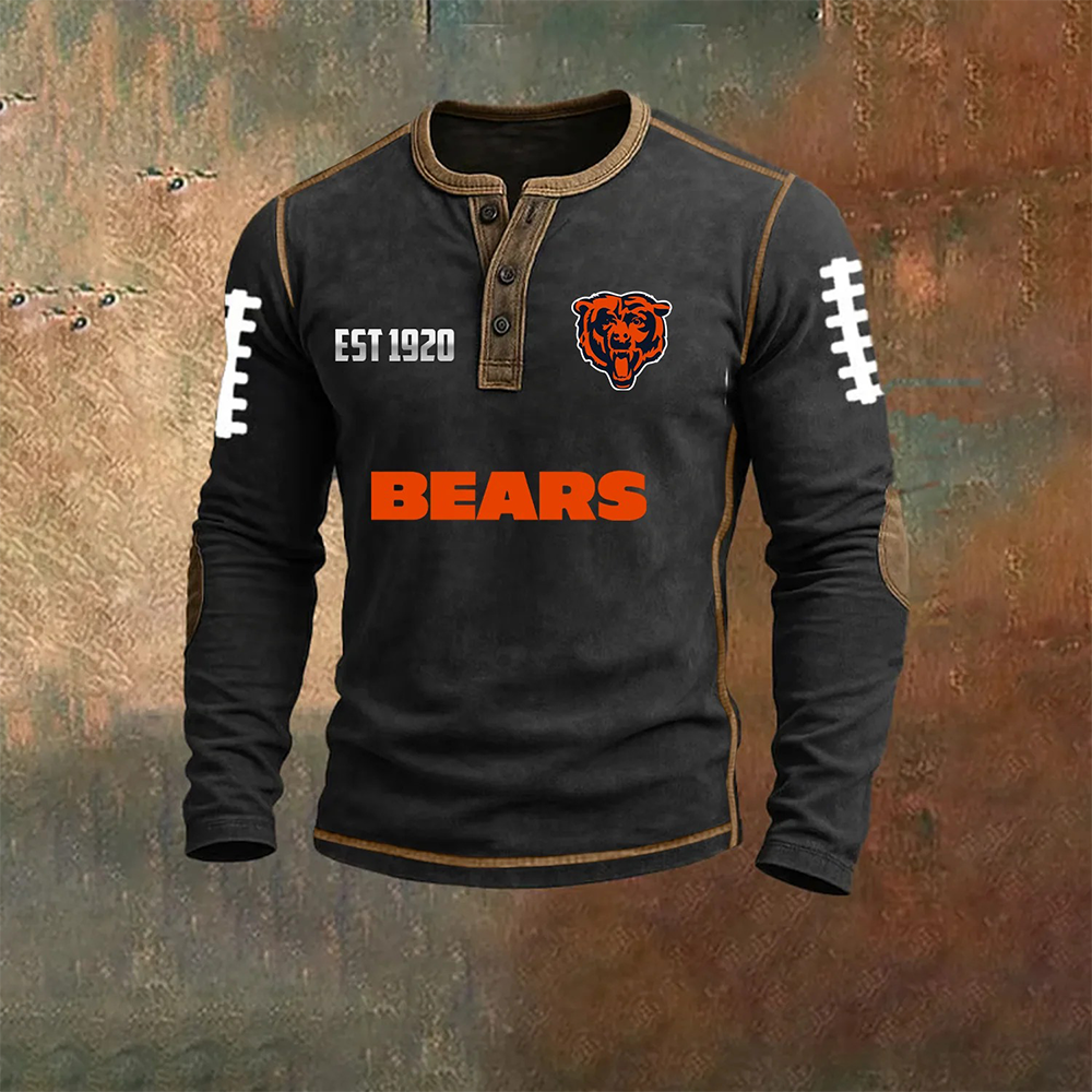 Men’s  Chicago Bears NFL Henley Long Sleeve Shirt – Classic Team Style Casual Top