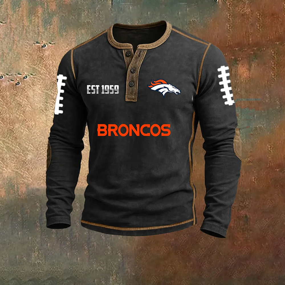 Men’s Denver Broncos NFL Henley Long Sleeve Shirt – Classic Team Style Casual Top
