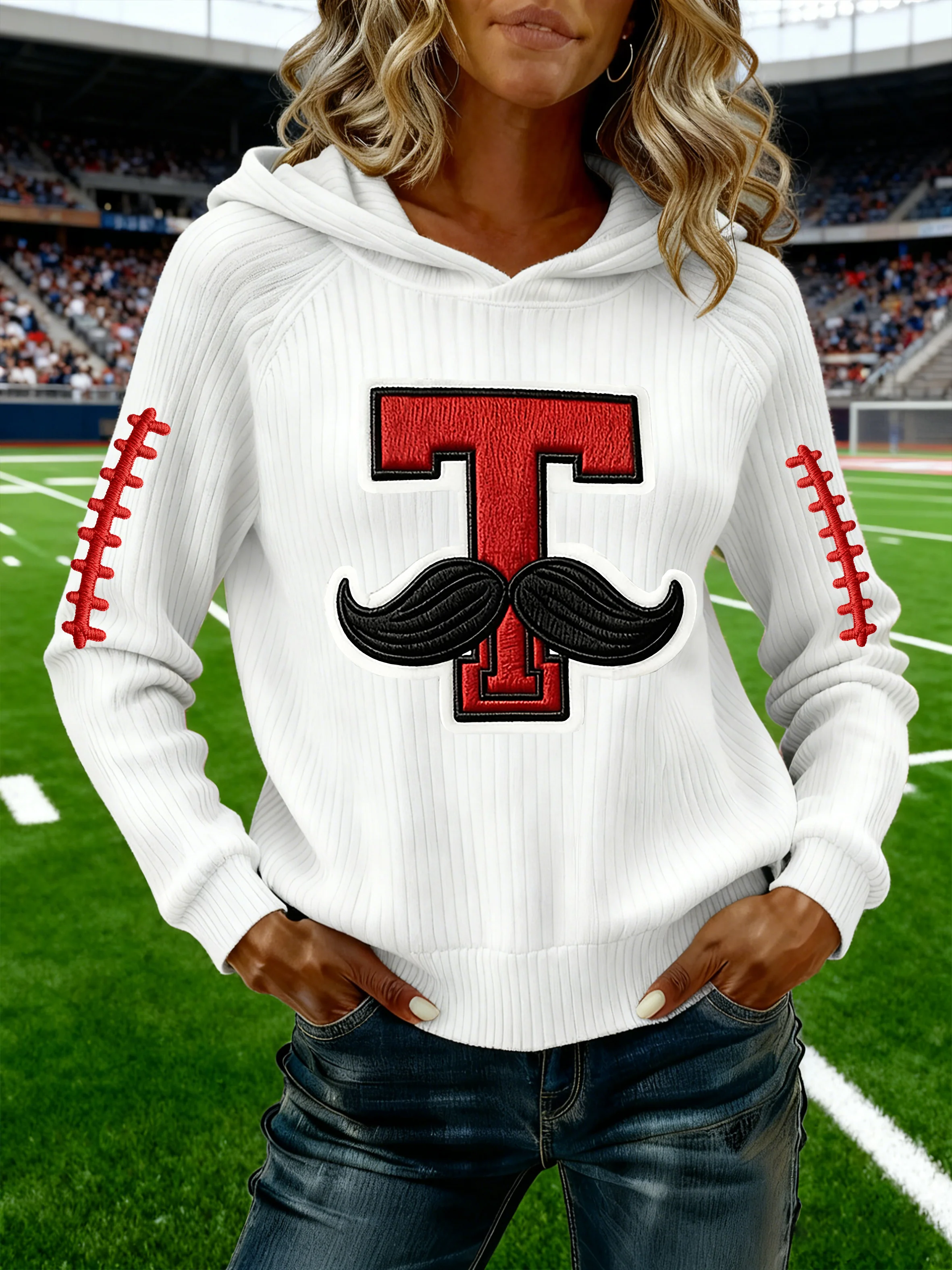 Women's Retro Football Print Ribbed Hoodie