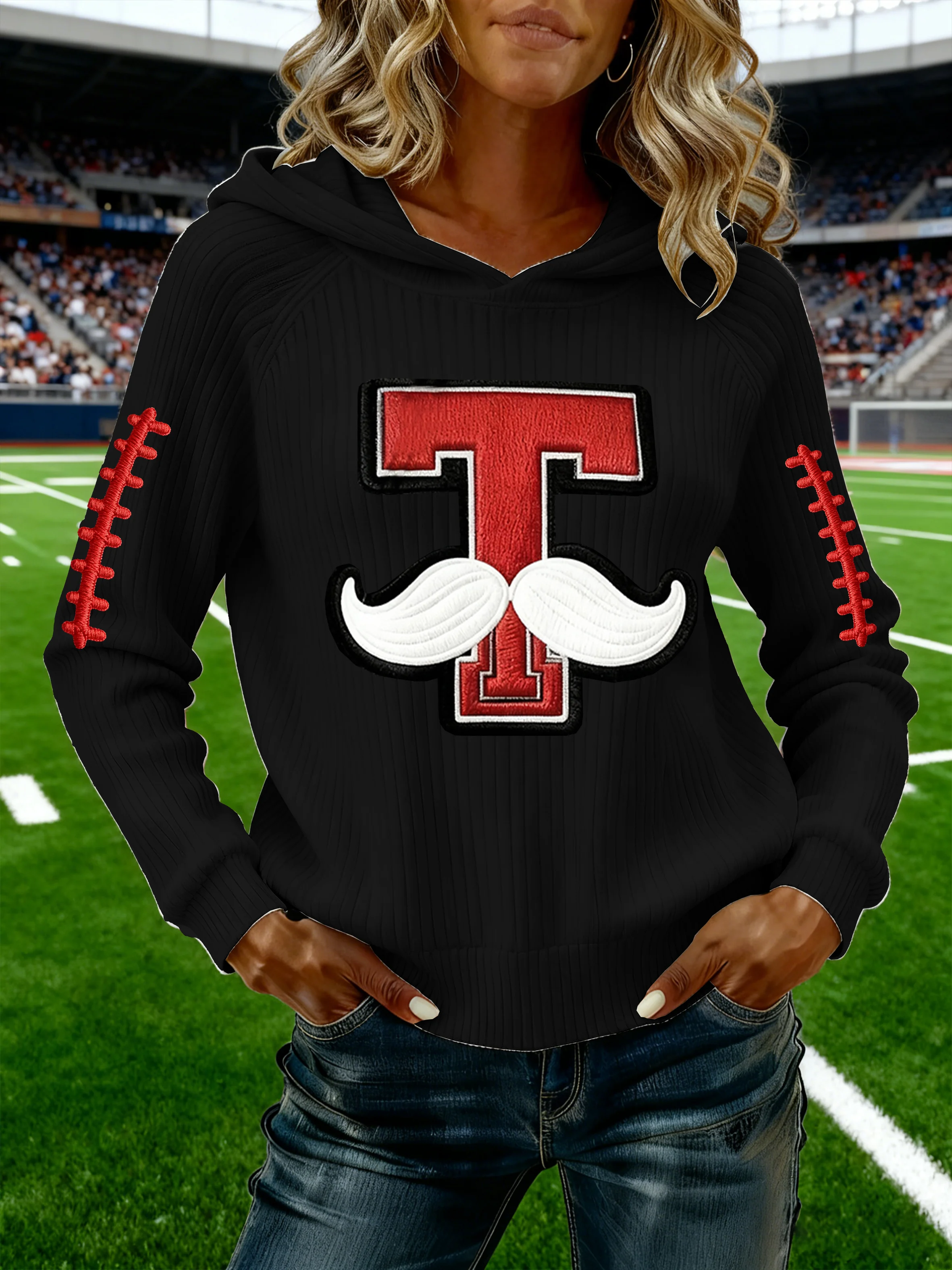 Women's Retro Football Print Ribbed Hoodie