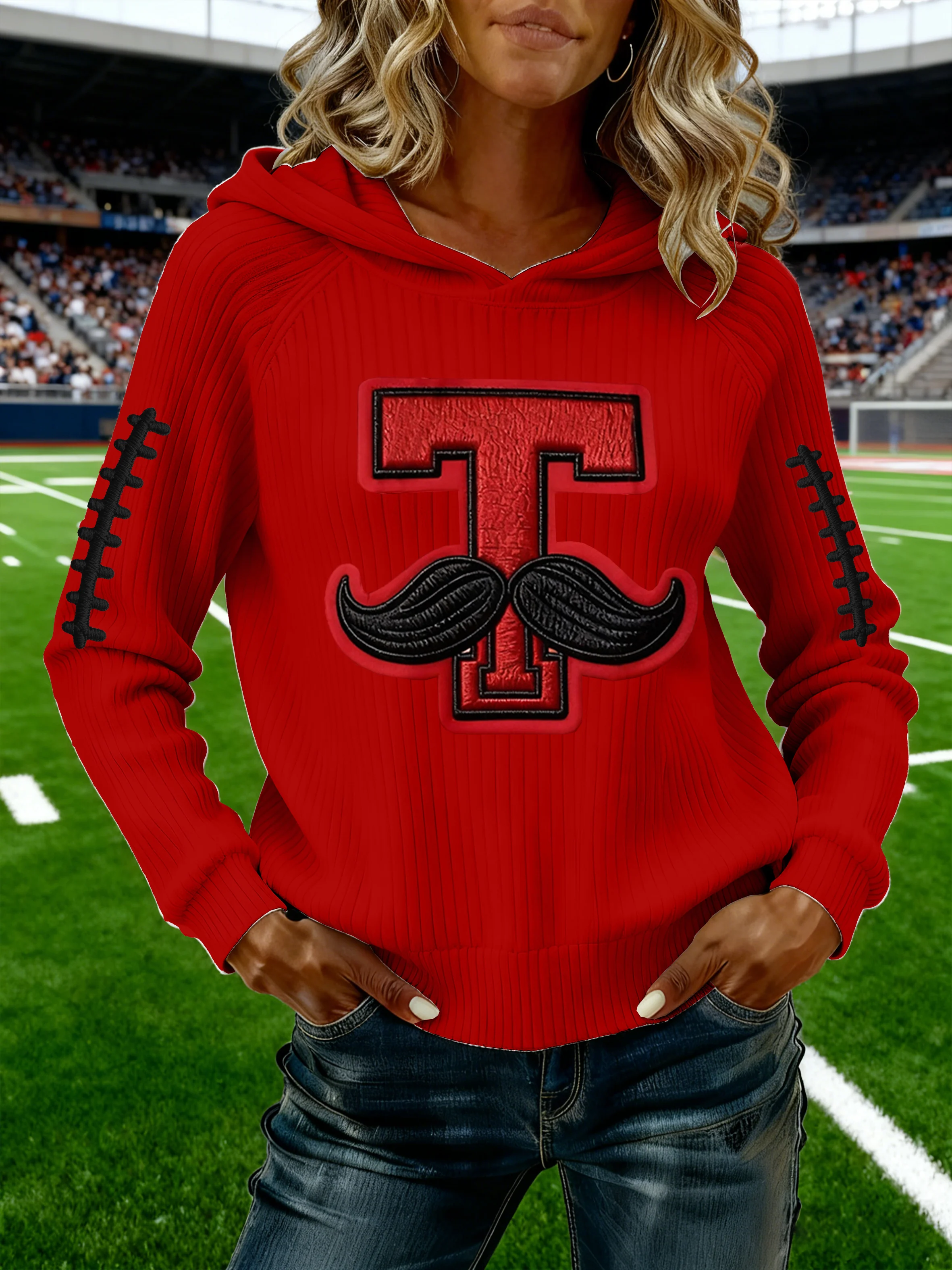 Women's Retro Football Print Ribbed Hoodie