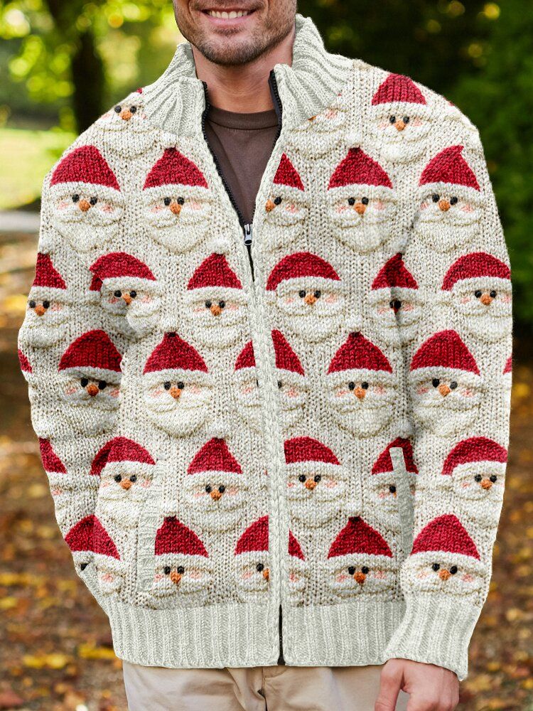 Men's Vintage Christmas Santa Claus Cozy Print Zip Up Knit Cardigan Jacket