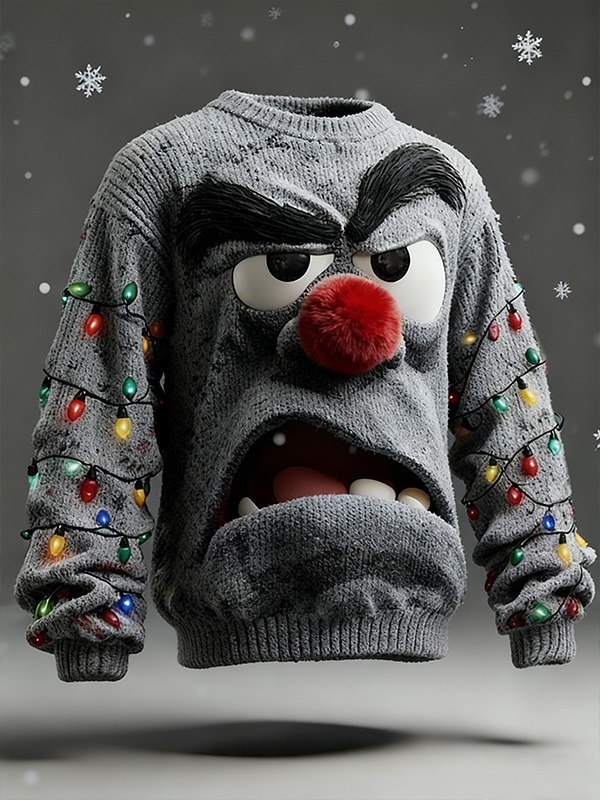 Men'S 3D Angry Cartoon Face And Colorful String Lights  Art Print Casual Flannel Sweatshirt