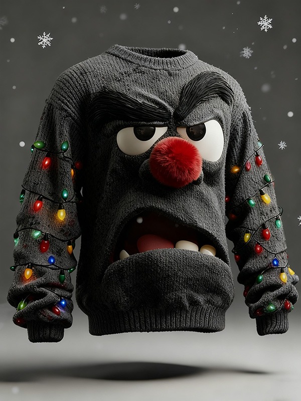 Men'S 3D Angry Cartoon Face And Colorful String Lights  Art Print Casual Flannel Sweatshirt