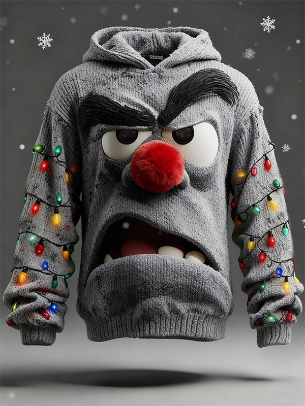 Men's 3D Angry Cartoon Face and Colorful String Lights Print Knit Hoodie