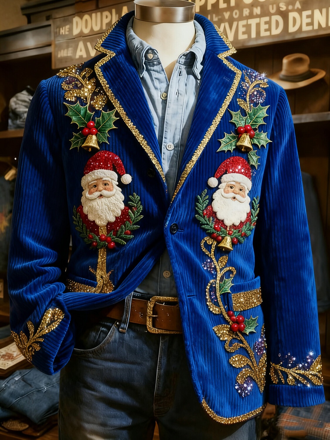 Men's Christmas Bell Holly Santa Claus Print Corduroy Blazer