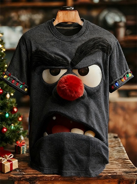 Men'S 3D Angry Cartoon Face And Colorful String Lights Art Print T-Shirt