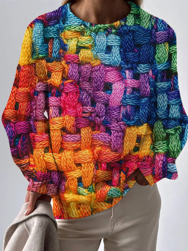 Women's Multicolor Wool Weaving Art Print Knit Sweatshirt