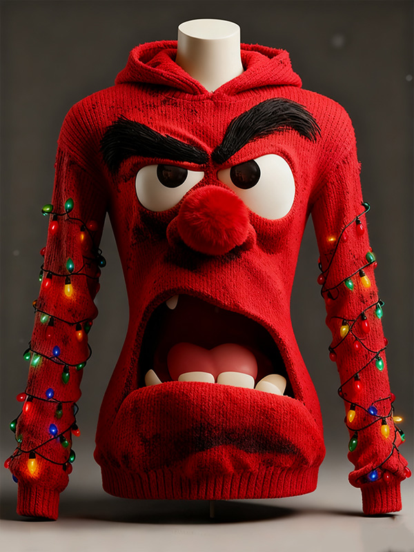 Women's 3D Grumpy Face Ugly Christmas LED String Lights Print Knit Hoodie
