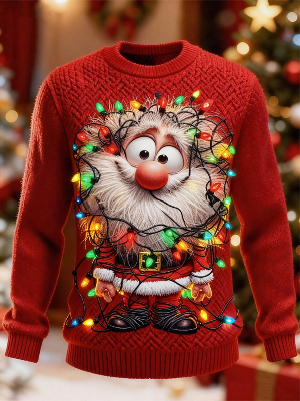 Men's Christmas Lights Funny Santa Claus Art Print Knit Sweatshirt
