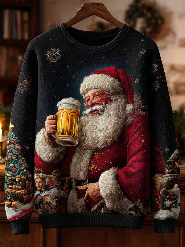 Men's Christmas Santa Claus Beer Oil Painting Print Casual Sweatshirt