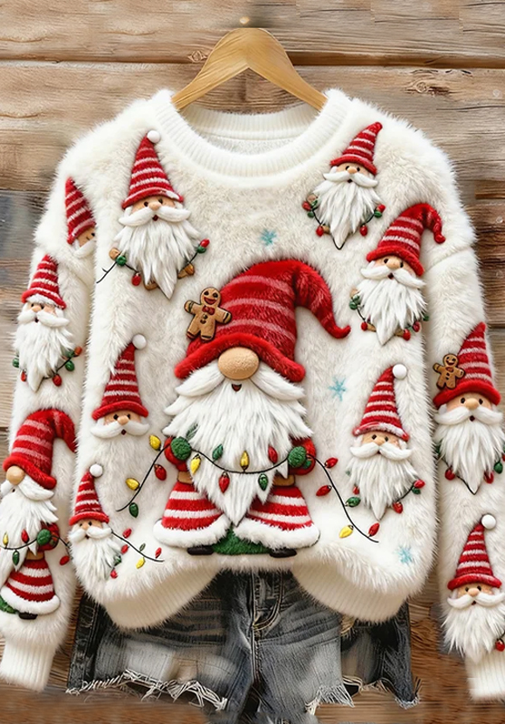 Women's Santa Claus Gnome Lights Art Print Knit Sweatshirt