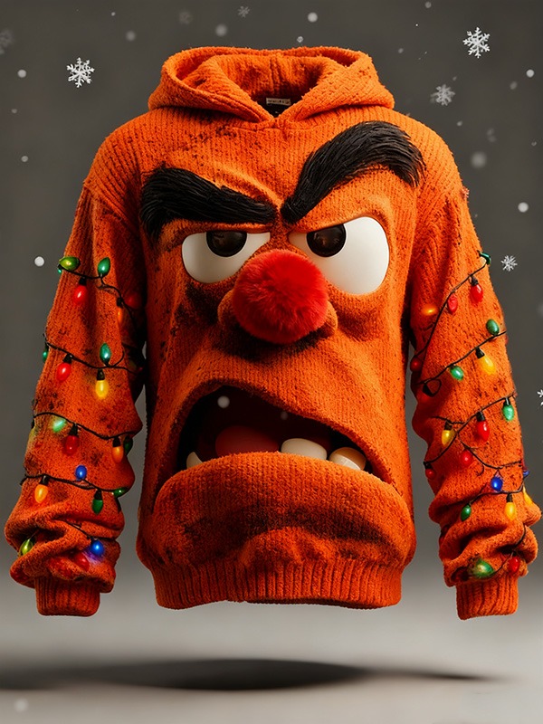 Men's 3D Angry Cartoon Face and Colorful String Lights Print Knit Hoodie