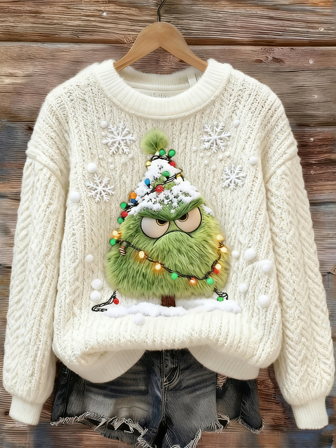Women's Funny Angry Christmas Tree Print Knit Sweatshirt